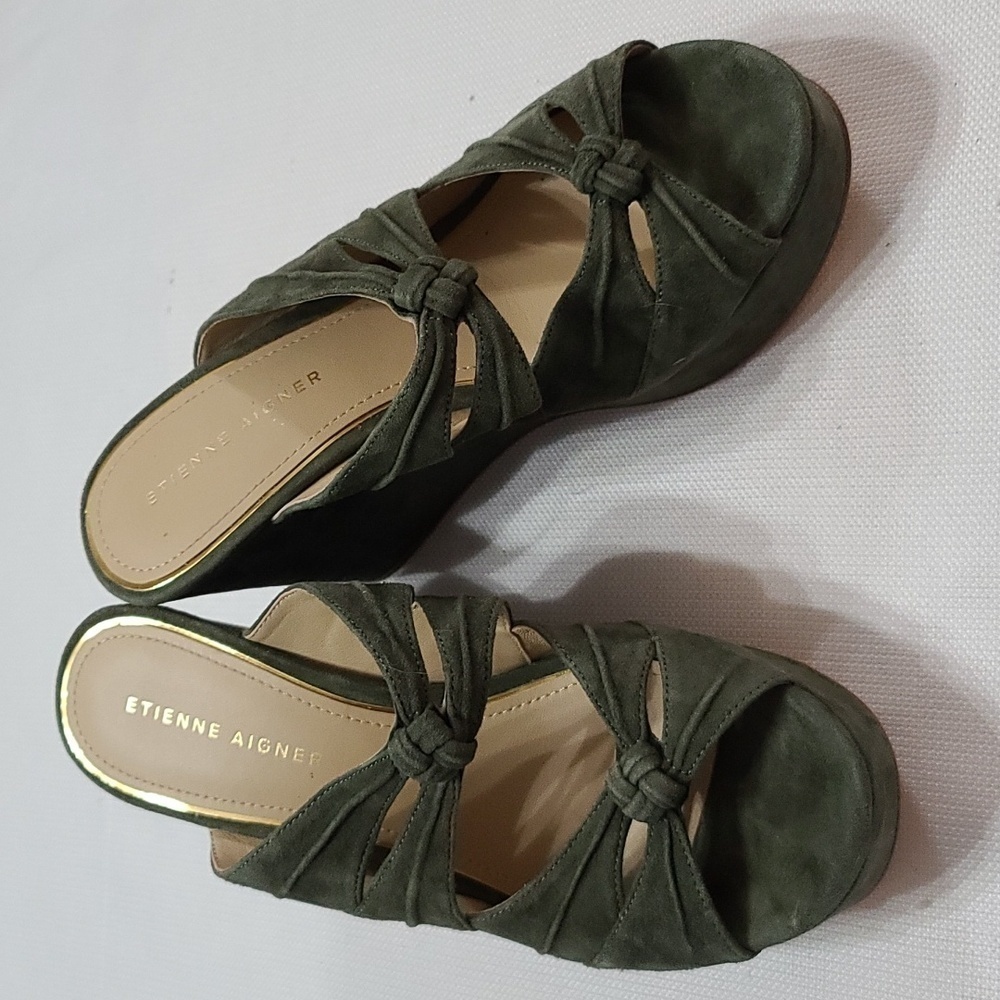 Etienne Aigner Womens Wedge Sandal Hunter Green Leather Knotted Straps Sz 8 NWOT - Picture 12 of 12